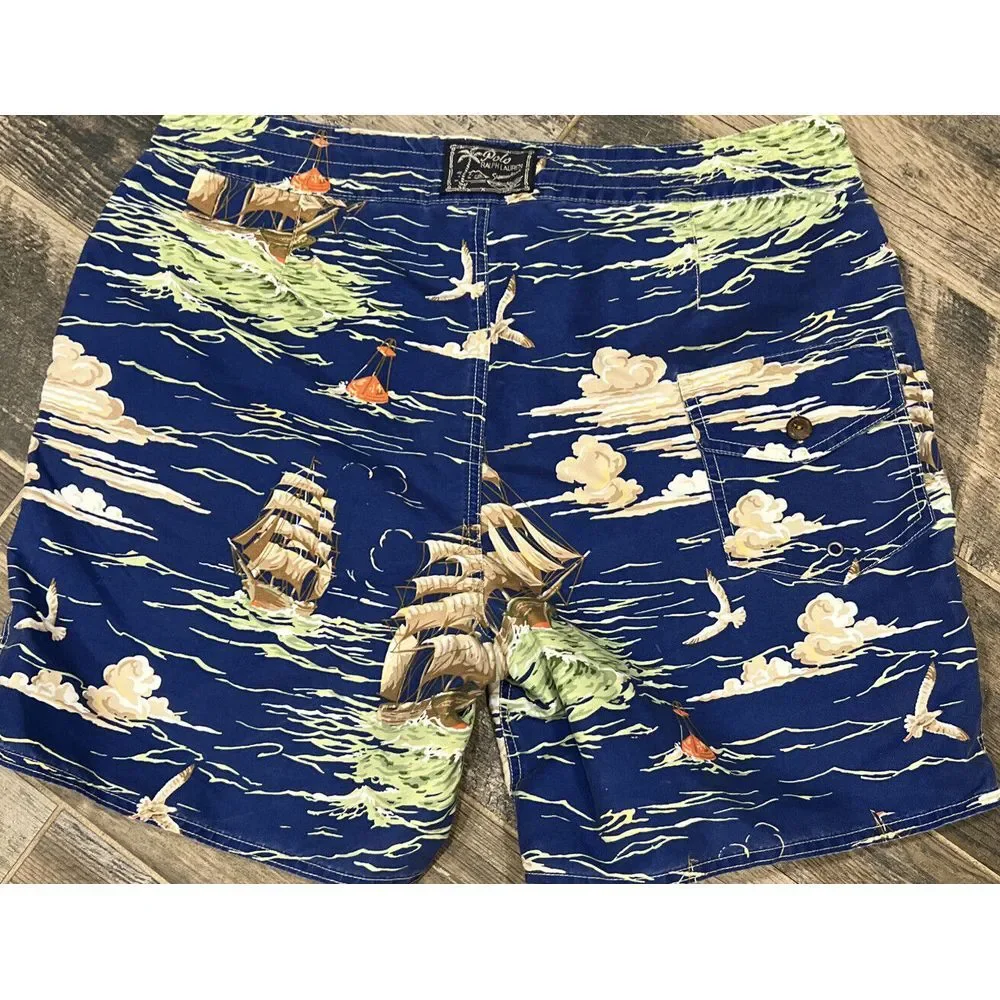 Polo Ralph Lauren Blue Swim‎ Trunks Lined Board Shorts Pirate Ship Buoy Mens 38